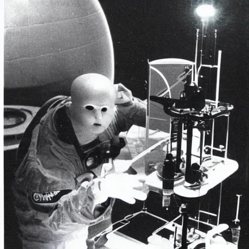 Prompt: old photograph of an astronaut in a futurist lab doing occult experiments