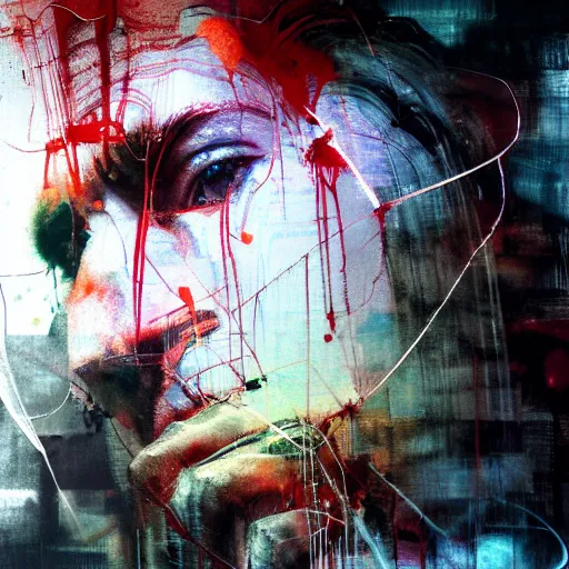 Image similar to man stealing the energy from another man, wires, cybernetic machines and decay moody hyperrealism 8 k photo atmospheric by jeremy mann francis bacon and agnes cecile ink drips paint smears digital glitches glitchart