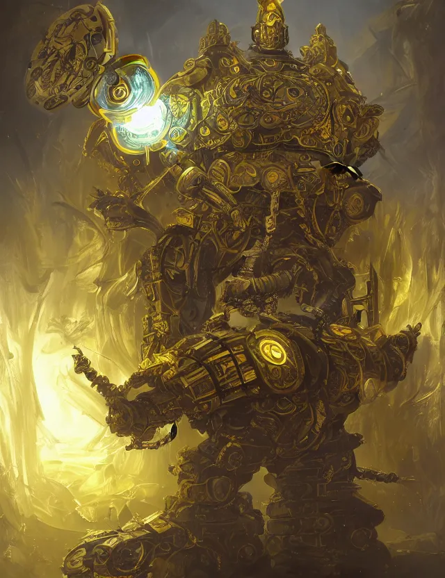 Prompt: full body, attack position abstract painting in lush fantasy environment of a ornate holy mechanical warforged with circular glowing eye, character in yellow armor holding a legendary paladin engraved holy great longsword and carrying a huge heavy paladin shield, vertically flat head, face in focus, epic , trending on ArtStation, masterpiece, cinematic lighting, by Ross Tran and by Greg Rutkowski
