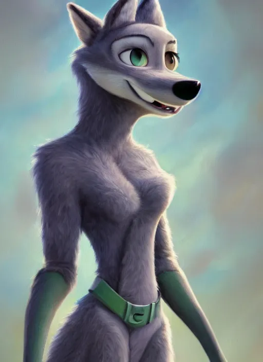 Image similar to oil painting detailed full body of anthromorphic female wolf, in style of zootopia, zootopia, zootopia, fursona, furry, furaffinity, 4 k, deviantart, furry art, fursona art, wearing astronaut outfit, in style of zootopia, wolf fursona, cyberpunk, female, expressive, detailed feminine face,