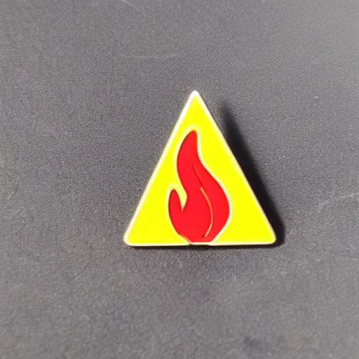 Image similar to a retro minimalistic rhombus shape enamel pin of a retro 1 9 8 0 s minimalistic flame fire warning label, smooth curves