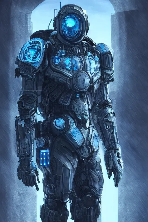 Prompt: ultra realist and ultra intricate detailed soft painting of a sci-fi armored male, from the waist up, symmetry features, glowing blue eyes, sensual gloomy style, volumetric clouds, cyberpunk window overlooking earth in background, artstation, unreal render, depth of field