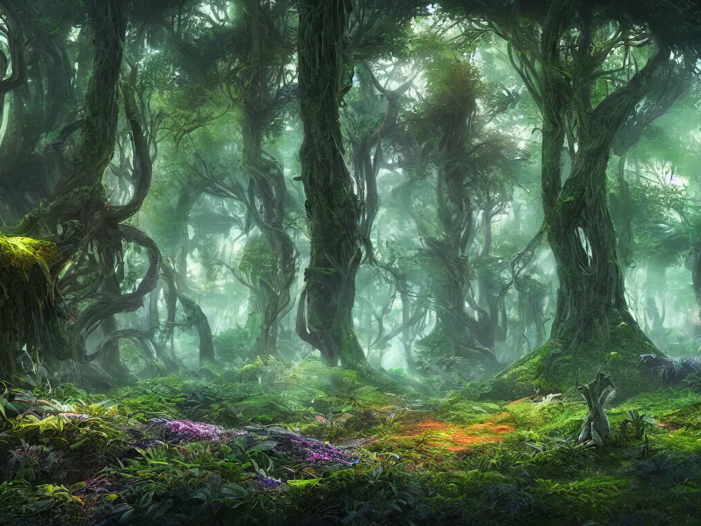 Image similar to a beautiful otherworldly fantasy landscape of a hidden forest with colorful mystical plants and huge psychedelic mushrooms as the trees, rendering, cryengine, vray render, cinema 4 d, cgsociety, bioluminescent