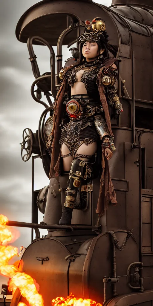 Prompt: vertical movie frame with mexican female riding on top of the steam punk train, provocative, armor inspired by ancient japan and fashion, symmetrical face, epic, perfect body, award winning, establishing shot, extremely high detail, photorealistic, octane render