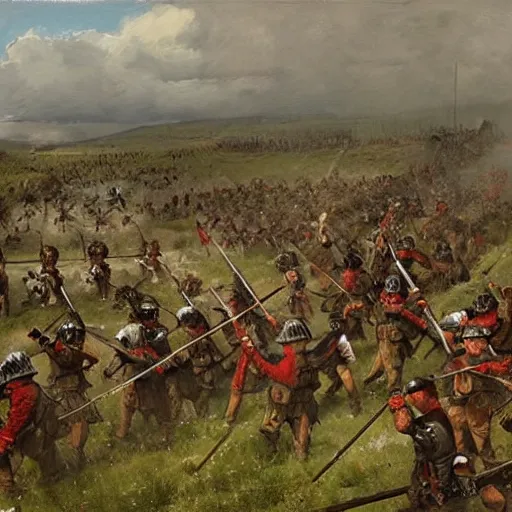 Image similar to two armies prepare for battle in the style of Jakub Rozalski