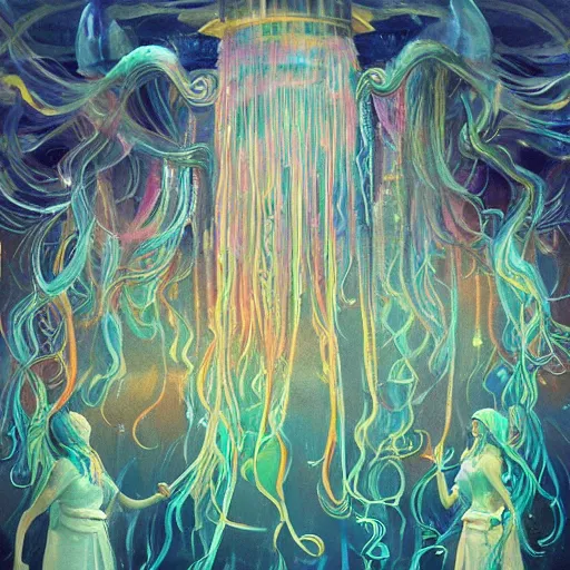 Prompt: iridescent painting of priestesses worshipping at the jellyfish temple, shrouded in mist, jellyfish god, jellyfish shrine maiden, jellyfish temple, undersea temple, underwater shrine, neon jellyfish, by Dustin Nguyen, Akihiko Yoshida, Greg Tocchini, Greg Rutkowski, Cliff Chiang, artgerm, art by Ayami Kojima, by Karol Bak, by Greg Hildebrandt, by Mark Brooks, by Noah Bradley, by Darek Zabrocki, by Tyler edlin, by Jordan Grimmer, by Neil Blevins, by James Paick, by Natasha Tan , rich deep colors, art by Takato Yamamoto, masterpiece, ultra details, high quality, high resolution, by trending on artstation, cgsociety unreal engine, octane render, cinematic light, high details, iridescent colors, macro, vermillion and fuschia, cyan and magenta, rainbow colors, cinematic top lighting, insanely detailed and intricate, Charlie Bowater, golden ratio, symmetric, elegant, ornate, luxury, elite, matte painting, mysterious, trending on cgsociety, 8k, high resolution