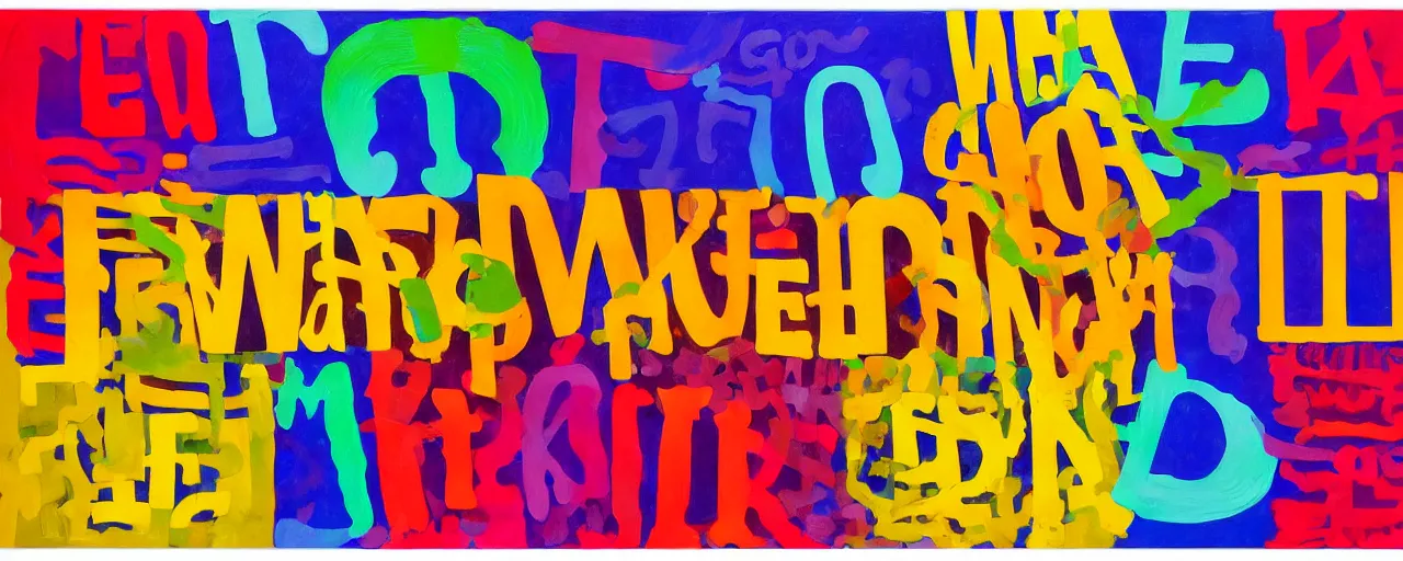 Image similar to a colorful painting of words and letters, by Mel Bochner, oil paint, abstract, Concrete poetry, colorful, Highly Detailed