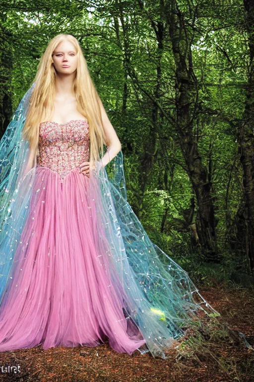 Prompt: a princess with long blonde hair and light blue eyes wearing a strapless elaborately beaded pink dress standing next to a green popup camping tent, high resolution film still, 8k, HDR color, film by Simon Langton and David Frankel, triangular face, very light freckles, round narrow chin, straight jawline, natural lips, high cheekbones, beautiful gazing eyes, green outdoor camping tent, pink tiara