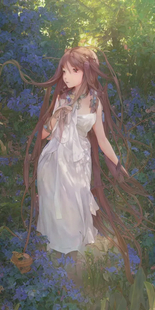 Prompt: a digital art of a loli with long hair in a dress in the privet garden at after noon, blue and warm theme, back lighting, by krenz cushart and mucha and akihito yoshida and greg rutkowski and makoto shinkai, detailed eyes, 4 k resolution, trending on art station