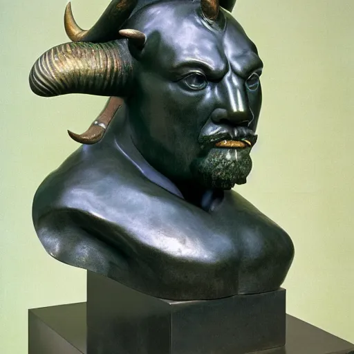 Image similar to professional color photograph of a patinated bronze portrait bust of an angry bull supported by a bronze plinth, by Auguste Rodin, Jean-Leon Gerome