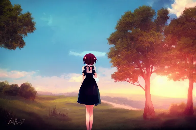 Image similar to anime girl in dress standing with his back to us, looking to beautiful horizon, rock, trees, lit by sunset, polaroid, trending on artstation