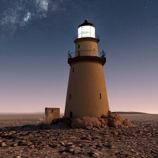 Image similar to an old lighthouse in the middle of the desert sitting on a rock, post apocalyptic