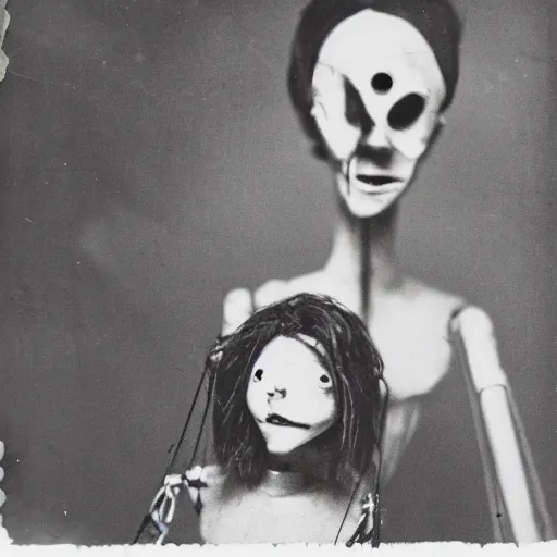 Image similar to female, creepy marionette puppet, horrific, unnerving, clockwork horror, pediophobia, lost photograph, dark, forgotten, final photo found before disaster, human laying unconscious in the background, polaroid,