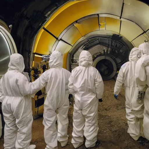 Prompt: wide - shot photo of a group of scientists in hazmat suits, studying a hell open rift portal, by shaun tan, codachrome, hellish, unsettling, otherworldly, blood, machines, 8 k, hd, highly detailed,