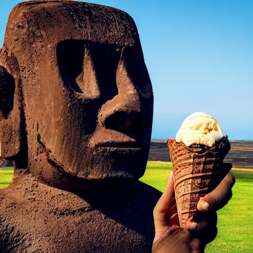 Image similar to a very upset and crying kid holding an ice cream cone but the ice cream is replaced with a moai statue, 4 k photograph