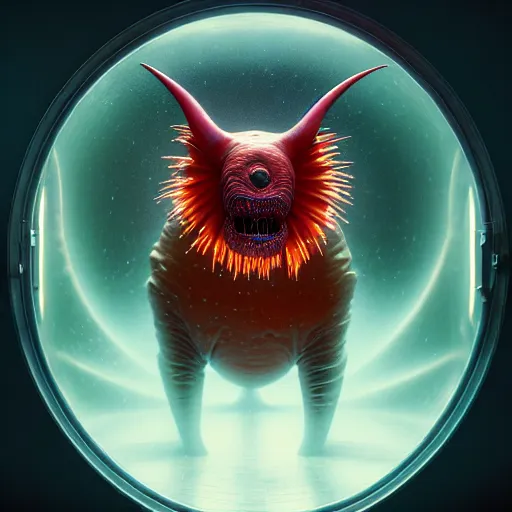 Image similar to opalescent scary animal inside cryochamber, warm colors : by michal karcz, daniel merriam, victo ngai and guillermo del toro : ornate, dynamic, particulate, intricate, elegant, highly detailed, centered, artstation, smooth, sharp focus, octane render