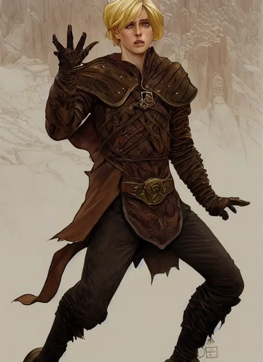 Prompt: an epic fantasy comic book style full body portrait painting of a young blonde boy who is over confident, wearing plain brown leather thief clothes, d & d, fantasy, intricate, elegant, highly detailed, digital painting, artstation, concept art, matte, sharp focus, illustration, art by artgerm and greg rutkowski and alphonse mucha