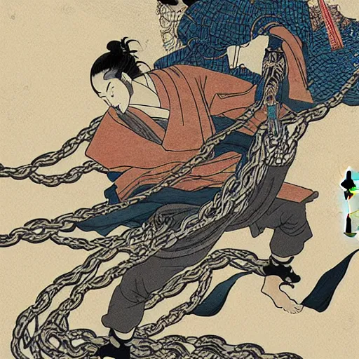 Image similar to by hokusai, samurai man vagabond, the samurai is wrapped in chains, detailed, editorial illustration, matte print, concept art, ink style, sketch, digital 2 d