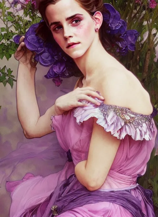 Prompt: emma watson wearing revealing pink and purple chiffon dress with flounces. beautiful detailed face. by artgerm and greg rutkowski and alphonse mucha
