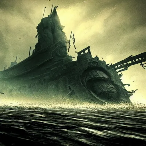 Image similar to an old ship on the bottom of the ocean that sunk long ago. mysterious, intimidating, haunted. horror movie screencap. epic. trending on artstation