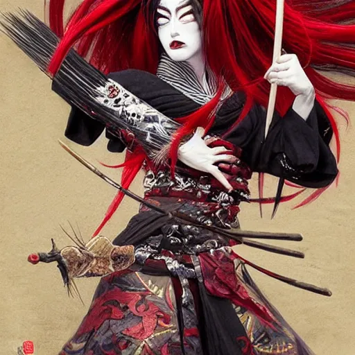 Image similar to an epic portrait of insane kabuki wielding a spear, magical aura of insanity, intricate hakama, poofy red wig, eerie, highly detailed, dark fantasy, art by artgerm and greg rutkowski