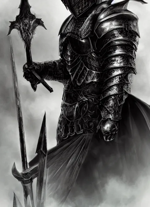 Prompt: portrait of gothic knight wearing black dragon helmet, dark misty background, holding gigantic straight sword, detailed, realistic photography