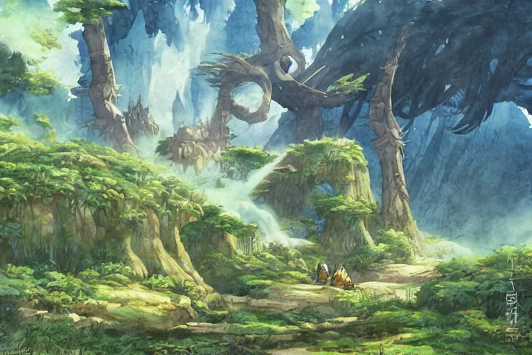 Image similar to land overtaken by nature, nausicaa, painting, giant fantasy animals, watercolor, concept art, studio ghibli, by hayao miyazaki