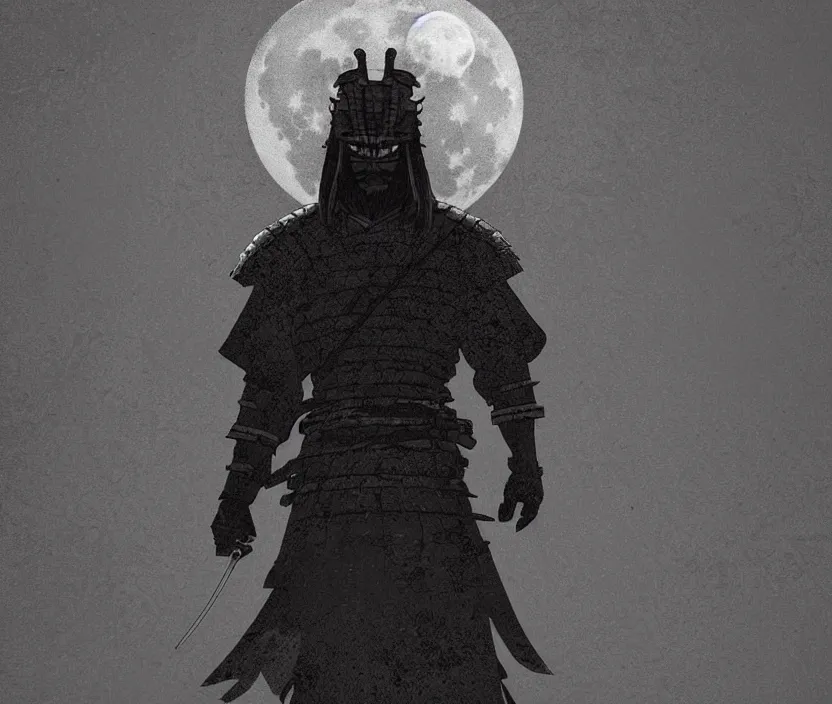 Prompt: '2d design graphic a samurai in the night ,big white moon background , gloomy and foggy atmosphere, octane render, artstation trending, horror scene, highly detailded style of Moebius, black and white ink '