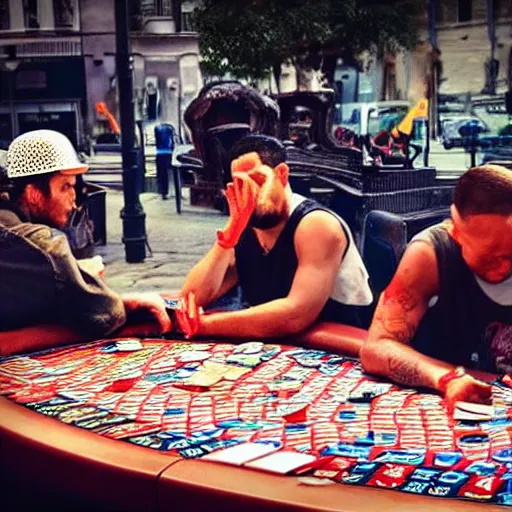 Image similar to with my homies playin street gambling, extremely human detailed, brutal human detailed!!!, hdr human detailed, 4 k human detailed!!!, photo hyper realistic, the best photograph of august, pinterest render, vogue render