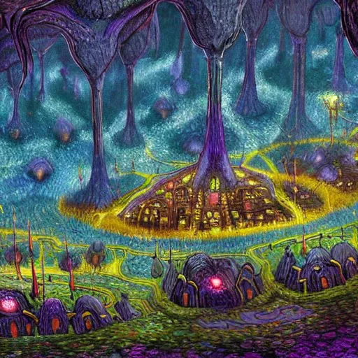 Prompt: concept art detailed painting of a dark purple fantasy fairytale fungal town made of mushrooms, with glowing blue lights, in the style of vincent van gogh and albert bierstadt and wayne barlowe