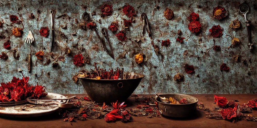 Image similar to side view, decaying rotting red fruits, moldy, on an antique distressed table top, dried flowers, metal kitchen utensils, old kitchen backdrop, dark kitchen, style by peter lippmann, intricate detail,
