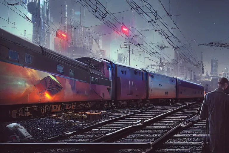 Image similar to a man standing in front of a train on a train track, cyberpunk art by mike winkelmann, trending on cgsociety, retrofuturism, reimagined by industrial light and magic, darksynth, sci - fi