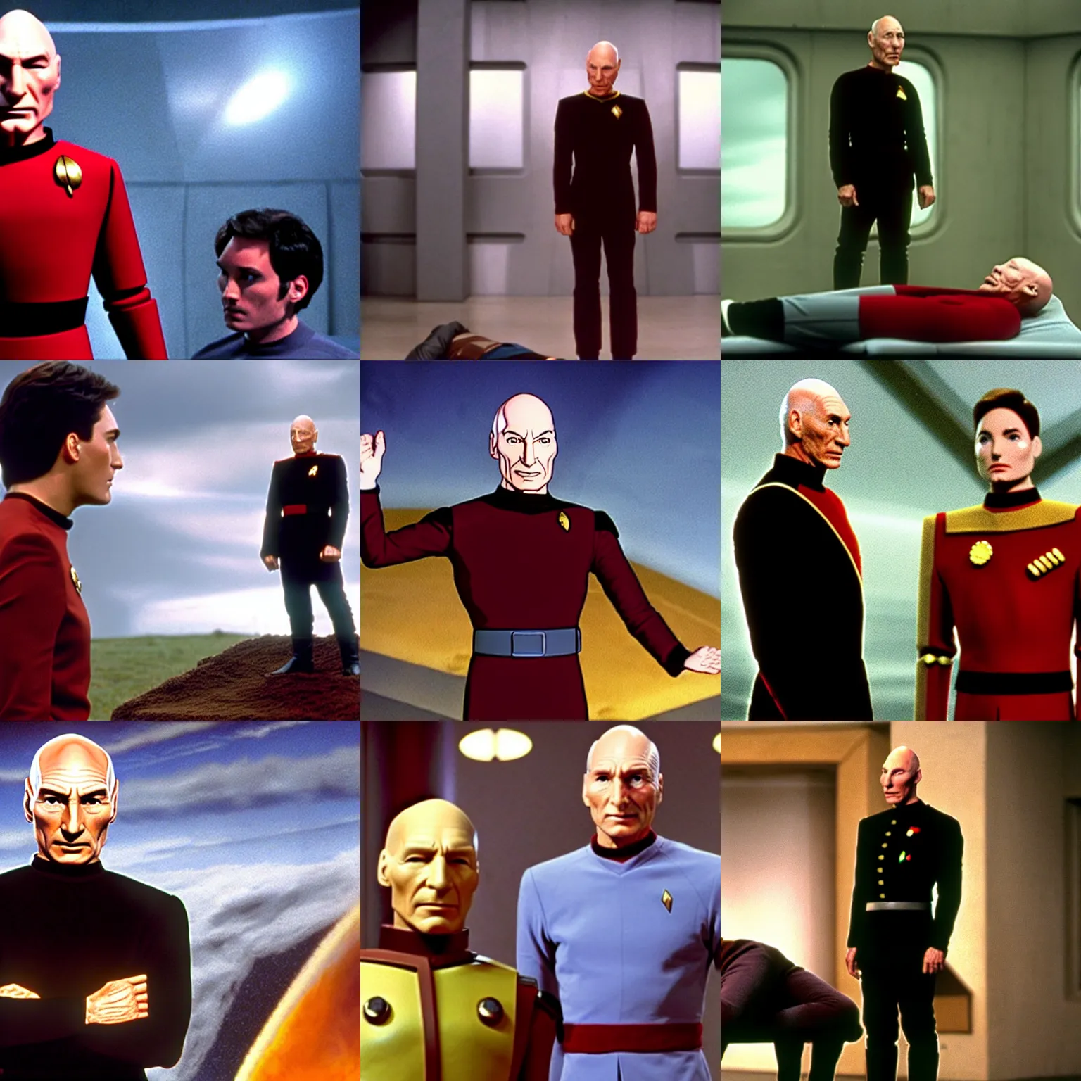 Prompt: picard standing proudly over the corpse of wesley crusher