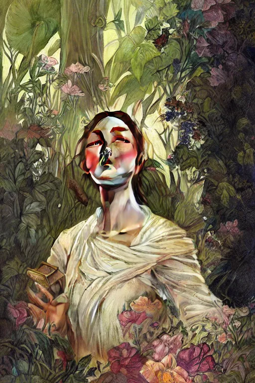 Prompt: ultra realistic illustration, banana plants drawing and flowers, japanese's art style, elegant, highly detailed, digital painting, concept art, smooth, sharp focus, illustration, art by greg rutkowski and alphonse mucha