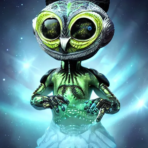 Image similar to alien owl, alien warrior, magic, stars, highly detailed, realistic, 8 k