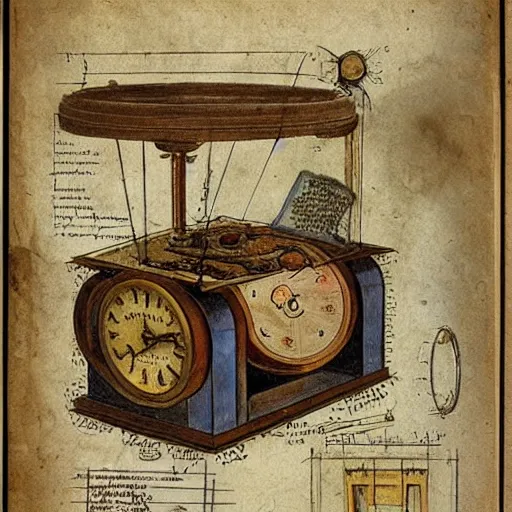 Image similar to vintage, detailed, colored sketch of time machine instruction, all parts, with full descriptions, on old parchment, by leonardo da vinci