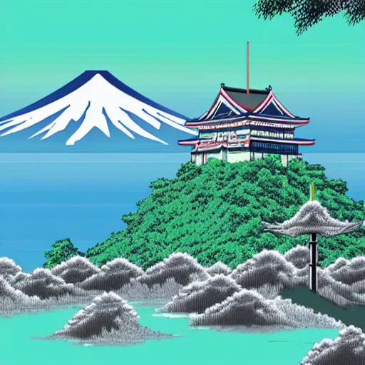 Prompt: japanese castle against the background of fuji in the style of vaporwave