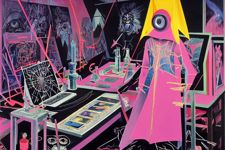 Prompt: a highly detailed beautiful masterpiece painting of a technomancer wizard in dazzle camouflage robes with pointed hood tampering with the world engine in his laboratory near a computer by Remedios Varo and Anato Finnstark and Greg Rutkowski and Andy Warhol and Francis Picabia, dayglo pink, dayglo blue, prismatic, pearlescent white, raven black, hyperrealism, 8k, trending on ArtStation