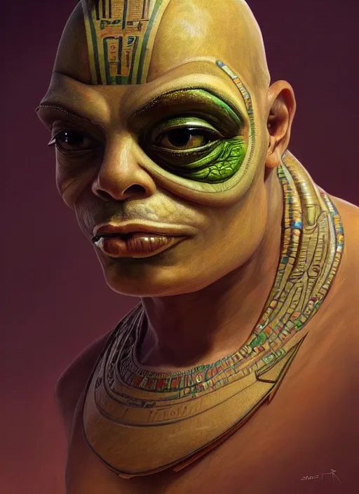 Prompt: 4 chan pepe, ancient egyptian god kek, sad, portrait, intricate, elegant, highly detailed, digital painting, artstation, concept art, wallpaper, smooth, sharp focus, illustration, art by h. r. giger and artgerm and greg rutkowski and alphonse mucha