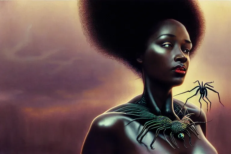 Image similar to realistic detailed photorealistic closeup portrait movie shot of a beautiful black woman with a giant spider, sci fi city landscape background by denis villeneuve, amano, yves tanguy, alphonse mucha, ernst haeckel, david lynch, edward robert hughes, roger dean, cyber necklace, dynamic pose, rich moody colours, wide angle