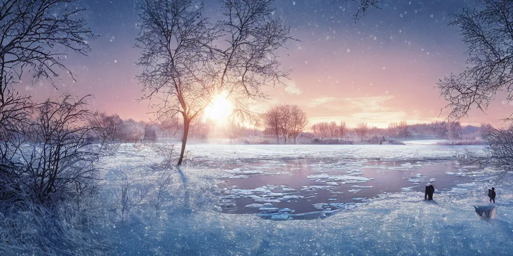 Prompt: a beautiful frozen lake landscape in winter with snow, romantic ambiente, reed on riverbank, no mountains, clear sky, sunshine, colorful, by Mohrbacher and Moebius and Alphonse Mucha and Roger Deakins, cinematic lighting, masterpiece, highly detailed, 8k resolution, trending on art station