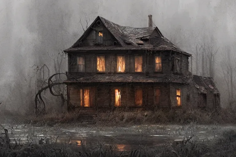 Image similar to abandoned desolate house in the swamp, gloomy, highly detailed, digital painting, artstation, concept art, sharp focus, illustration, art by artgerm and greg rutkowski