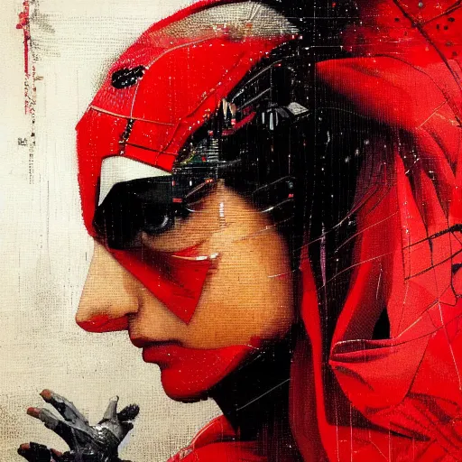 Image similar to portrait of a daydreaming melancholic latina woman in a red hood monk custome being progressively rasterized into pixels, surrounded by digital birds and a giant loving mecha robot, oil on canvas by yoji shinkawa, esao andrews and dave mckean