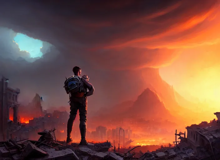 Prompt: highly detailed shot of a male explorers face in front of a rubble city, rule of thirds, perfect composition, cinematic view, epic sky, detailed, concept art, low angle, high detail, warm lighting, volumetric, godrays, vivid, beautiful, by jordan grimmer, huge scene, art greg rutkowski, award winning photography