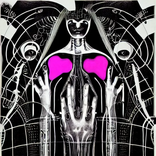 Prompt: post - punk new age album cover, psychedelic, black white pink, magic, giger h. r.