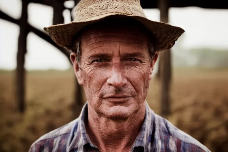 Image similar to a cinematic headshot portrait of a farmer, stood outside a wooden cabin, movie still, shallow depth of field, ultra realistic, dramatic lighting, by annie leibovitz