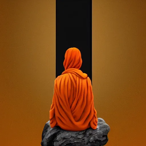 Image similar to stone statue meditation in flowing orange robes energy spiraling upwards into the void trending on artstation