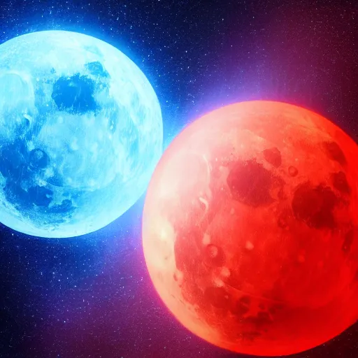 Prompt: The red moon and the blue moon collide, 4k, cg, photorealistic