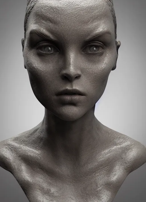 Prompt: bust sculpture of a ominous girl, pale white detailed reptile skin, ultra realistic, cinematic lighting, depth of field, Zbrush , Seb McKinnon