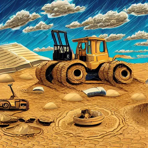 Image similar to in the distance, in the center of a large sand pit, there is a large golden ball in the sand, a broken excavator and a man in military uniform standing nearby, stylization of a book illustration, high - quality, depth of sharpness, focus on the object